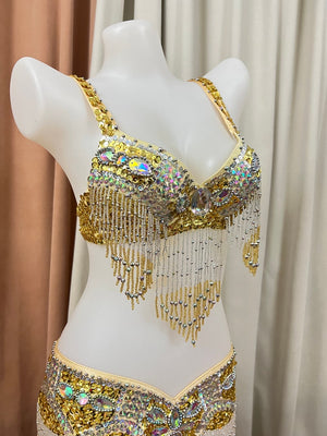 Belly Dance Bra and Belt Set, Women's Gold and Silver Sequin Beaded Fringe, Rhinestone Embellished, Performance Costume