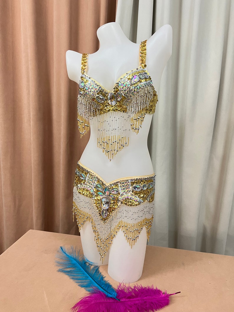 Belly Dance Bra and Belt Set, Women's Gold and Silver Sequin Beaded Fringe, Rhinestone Embellished, Performance Costume