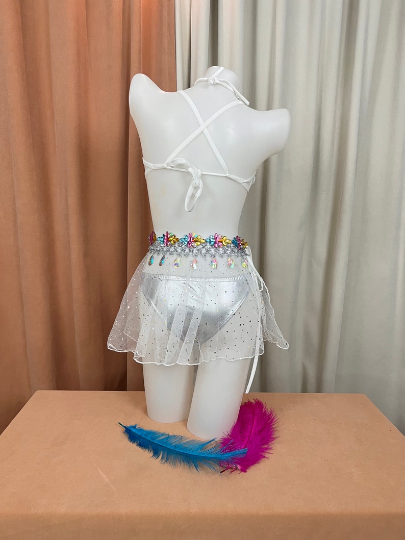 Women's White Iridescent Gemstone Embellished Bra Top & Sheer Skirt Set - Samba Dancewear