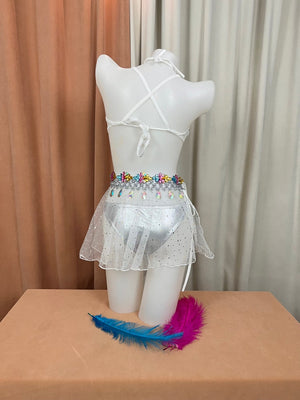 Women's White Iridescent Gemstone Embellished Bra Top & Sheer Skirt Set - Samba Dancewear