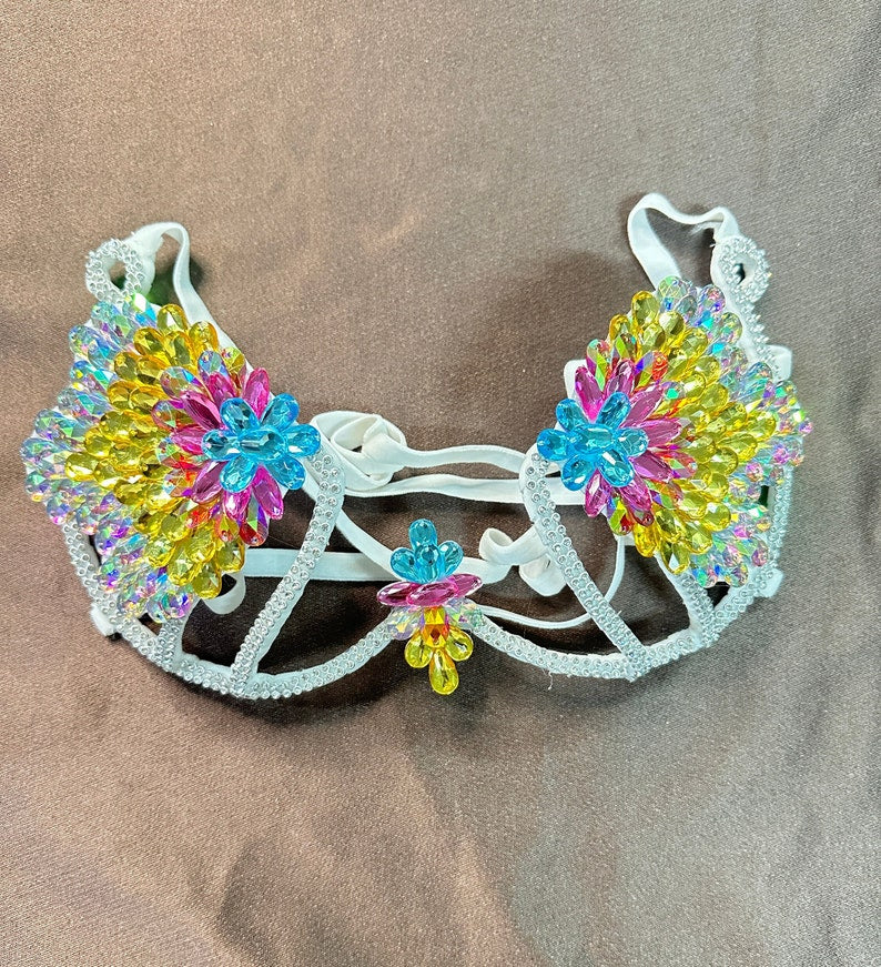 Women's White Iridescent Gemstone Embellished Bra Top & Sheer Skirt Set - Samba Dancewear