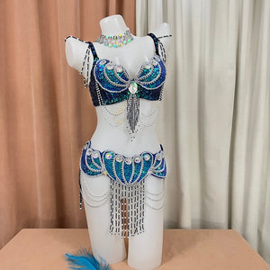 Belly Dance Costume Women's Pink Sequin & Bead Embellished Bra and Belt Set with Draping Chains & Choker