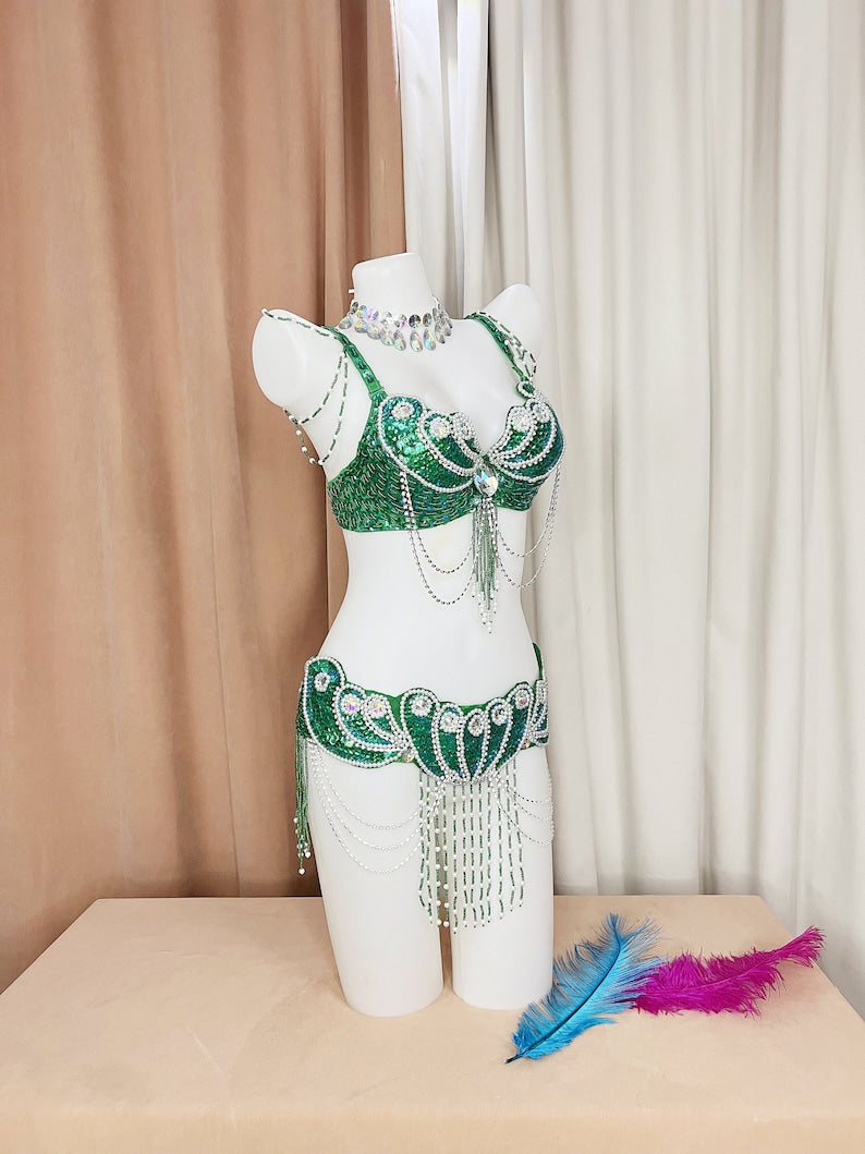 Belly Dance Costume, Women's Silver Sequin & Bead Embellished Bra and Belt Set with Draping Chains, Adult Tribal Fusion Dancewear