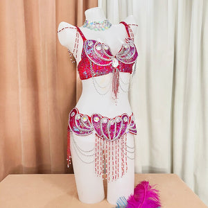 Belly Dance Costume, Women's Silver Sequin & Bead Embellished Bra and Belt Set with Draping Chains, Adult Tribal Fusion Dancewear