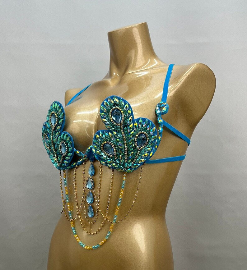 Carnival Dance Costume Top, Women's Blue Embellished Rhinestone Peacock Bra with Gold Chain Draping, Samba Dancewear