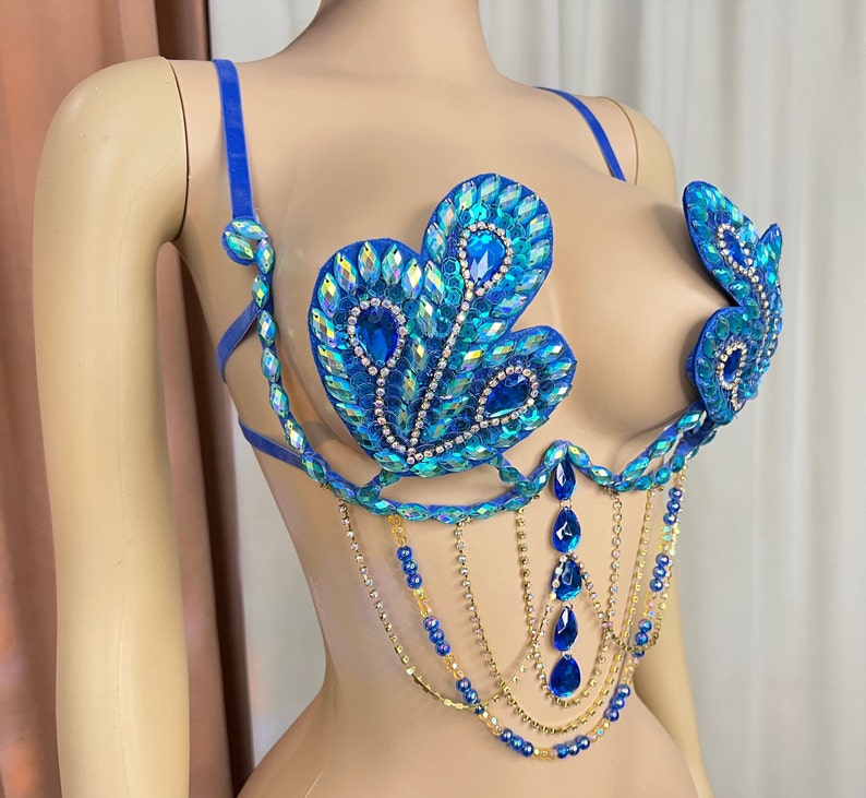 Carnival Dance Costume Top, Women's Blue Embellished Rhinestone Peacock Bra with Gold Chain Draping, Samba Dancewear
