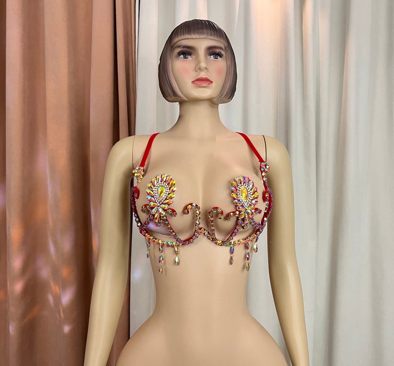 Bikini Top Women's White Iridescent Rhinestone Crystal Embellished Halter Neck Dance Bra