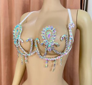 Bikini Top Women's White Iridescent Rhinestone Crystal Embellished Halter Neck Dance Bra
