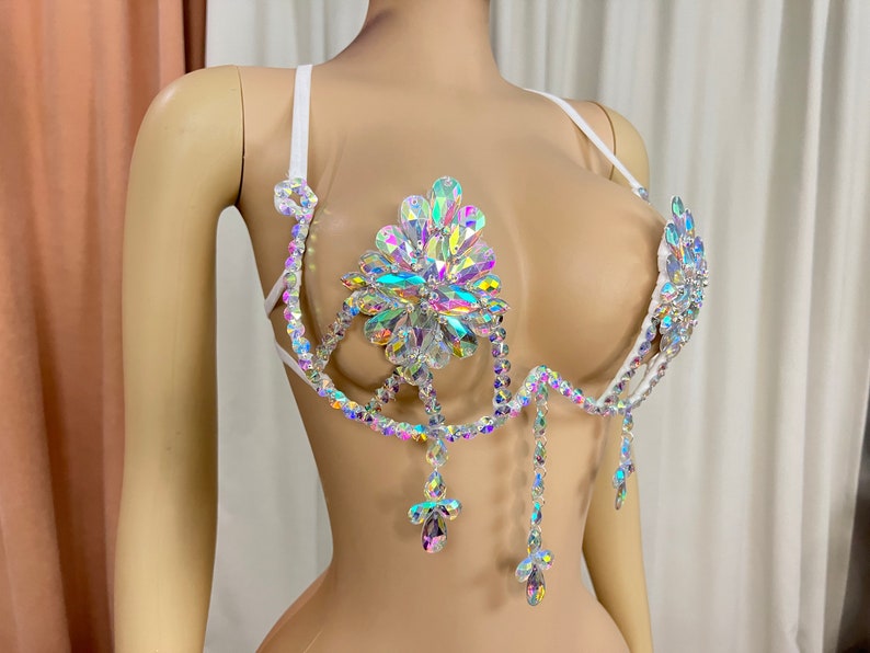 Women's Iridescent Rhinestone Crystal Rave Bra Top with Dangle Charms, Festival Dance