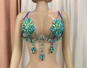 Women's Iridescent Rhinestone Crystal Rave Bra Top with Dangle Charms, Festival Dance