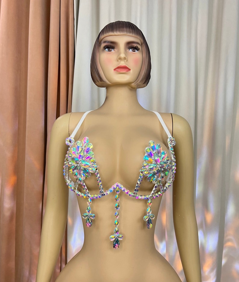 Women's Iridescent Rhinestone Crystal Rave Bra Top with Dangle Charms, Festival Dance