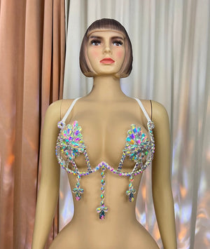 Women's Iridescent Rhinestone Crystal Rave Bra Top with Dangle Charms, Festival Dance