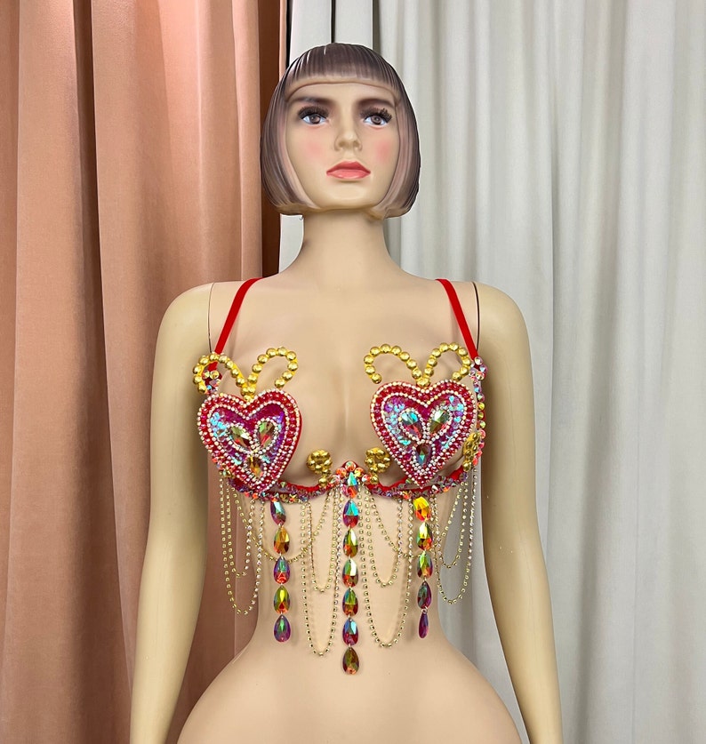 Dance Bra Women's Pink Sequin Heart Rhinestone Draped Fringe Festival Rave Top