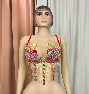 Dance Bra Women's Pink Sequin Heart Rhinestone Draped Fringe Festival Rave Top