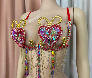 Dance Bra Women's Pink Sequin Heart Rhinestone Draped Fringe Festival Rave Top