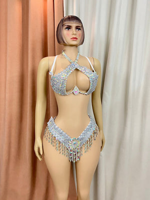 Women's Silver Iridescent Rhinestone Sequin Fringe Halter Bra & High-Waisted Briefs, Carnival Dance