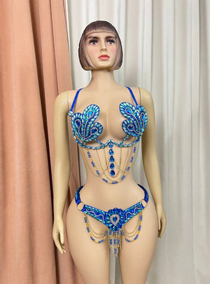 Dancewear Women's Blue Embellished Rhinestone and Beaded Two-Piece Set with Peacock Motif - Belly Dance/Carnival