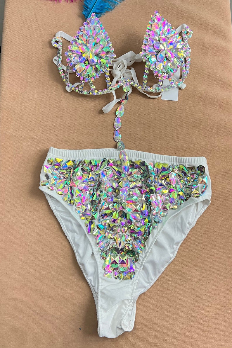 Women's White Iridescent Crystal Embellished Two-Piece Lyrical Dance Costume - Bra Top and High-Waist Briefs