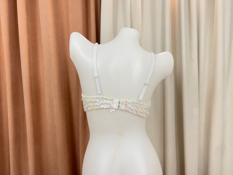 Women's White Iridescent Sequin Beaded Fringe Belly Dance Bra Top
