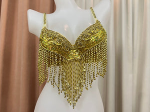 Women's White Iridescent Sequin Beaded Fringe Belly Dance Bra Top