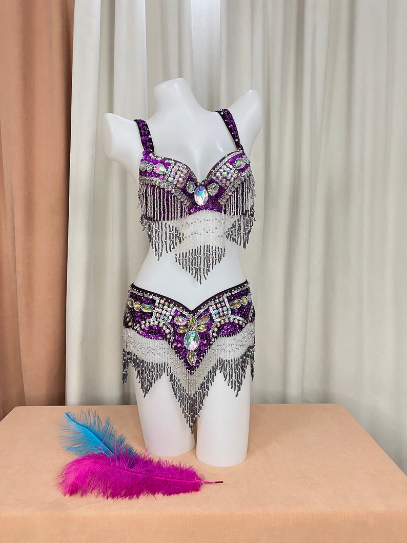 Belly Dance Costume Set, Women's Purple Sequin Beaded Fringe Bra & Belt, Professional Performance Tribal Dancewear