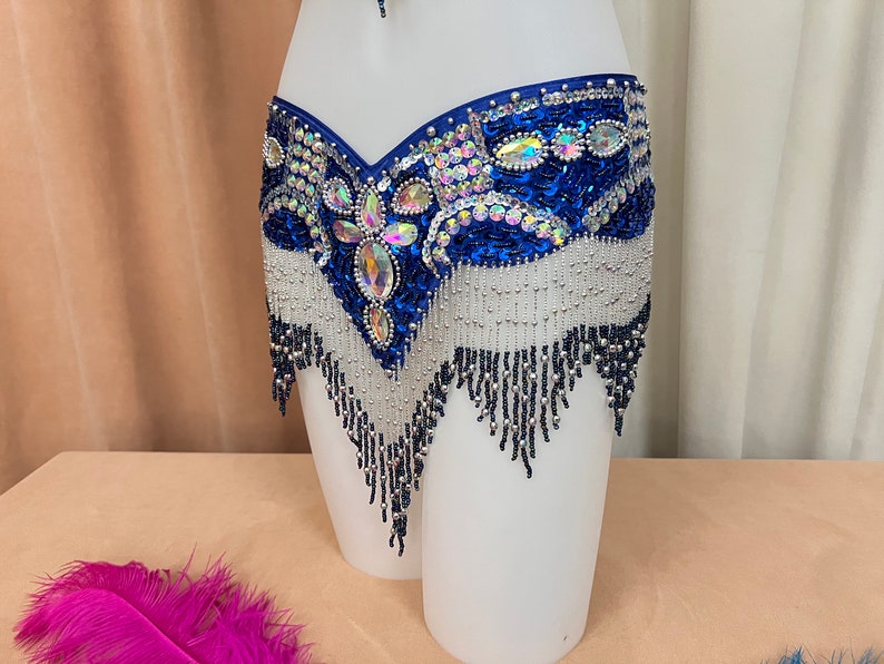 Belly Dance Costume Set, Women's Royal Blue Sequin & Beaded Bra and Belt, Fringe Embellished, Professional Performance Wear