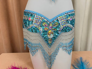 Belly Dance Hip Scarf, Women's Red Beaded Fringe Sequin Rhinestone Hip Belt, Belly Dance