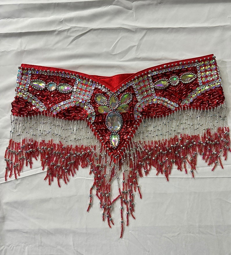 Belly Dance Hip Scarf, Women's Red Beaded Fringe Sequin Rhinestone Hip Belt, Belly Dance