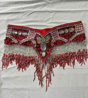 Belly Dance Hip Scarf, Women's Red Beaded Fringe Sequin Rhinestone Hip Belt, Belly Dance