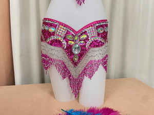 Women's Hot Pink Sequin Beaded Fringe Belly Dance Costume Set