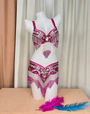 Women's Hot Pink Sequin Beaded Fringe Belly Dance Costume Set