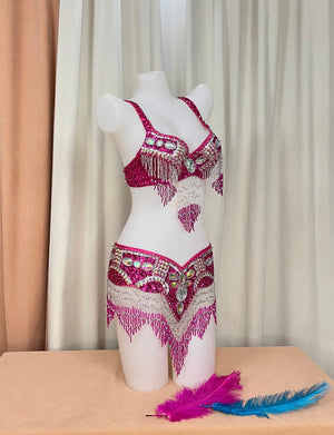 Women's Hot Pink Sequin Beaded Fringe Belly Dance Costume Set