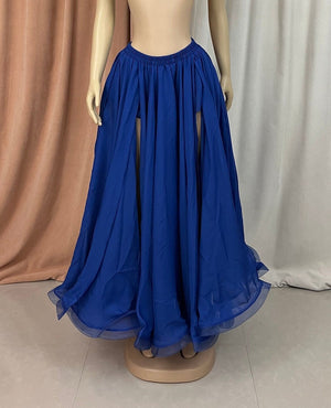 Belly Dance Skirt Women's Royal Blue Chiffon Slit Maxi Skirt with Tulle Hem