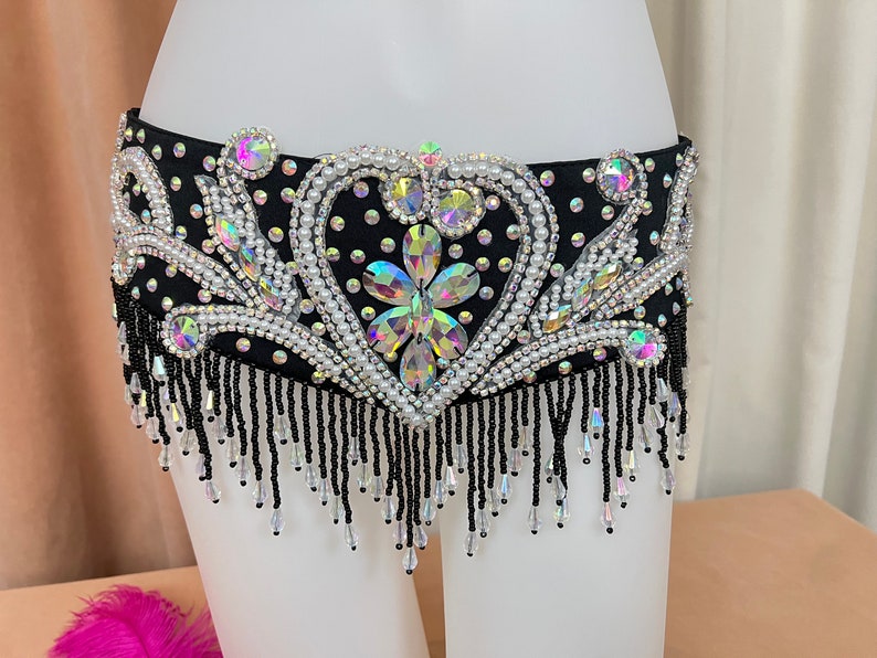 Belly Dance Costume Womens Black Sequin Beaded Rhinestone Bra and Belt Set, Halter Neck, Fringe Trim