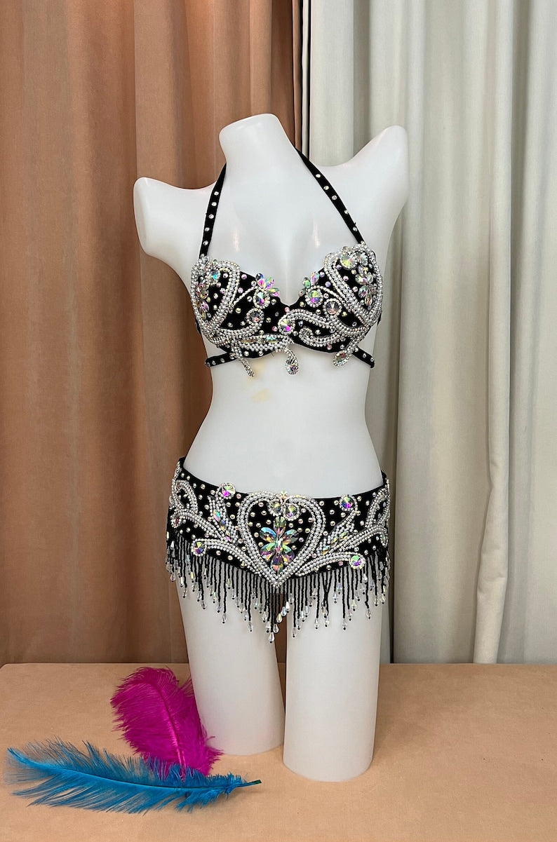 Belly Dance Costume Womens Black Sequin Beaded Rhinestone Bra and Belt Set, Halter Neck, Fringe Trim