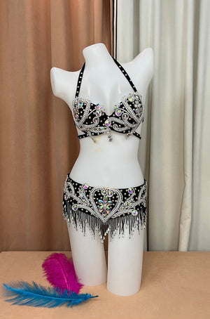 Belly Dance Costume Womens Black Sequin Beaded Rhinestone Bra and Belt Set, Halter Neck, Fringe Trim