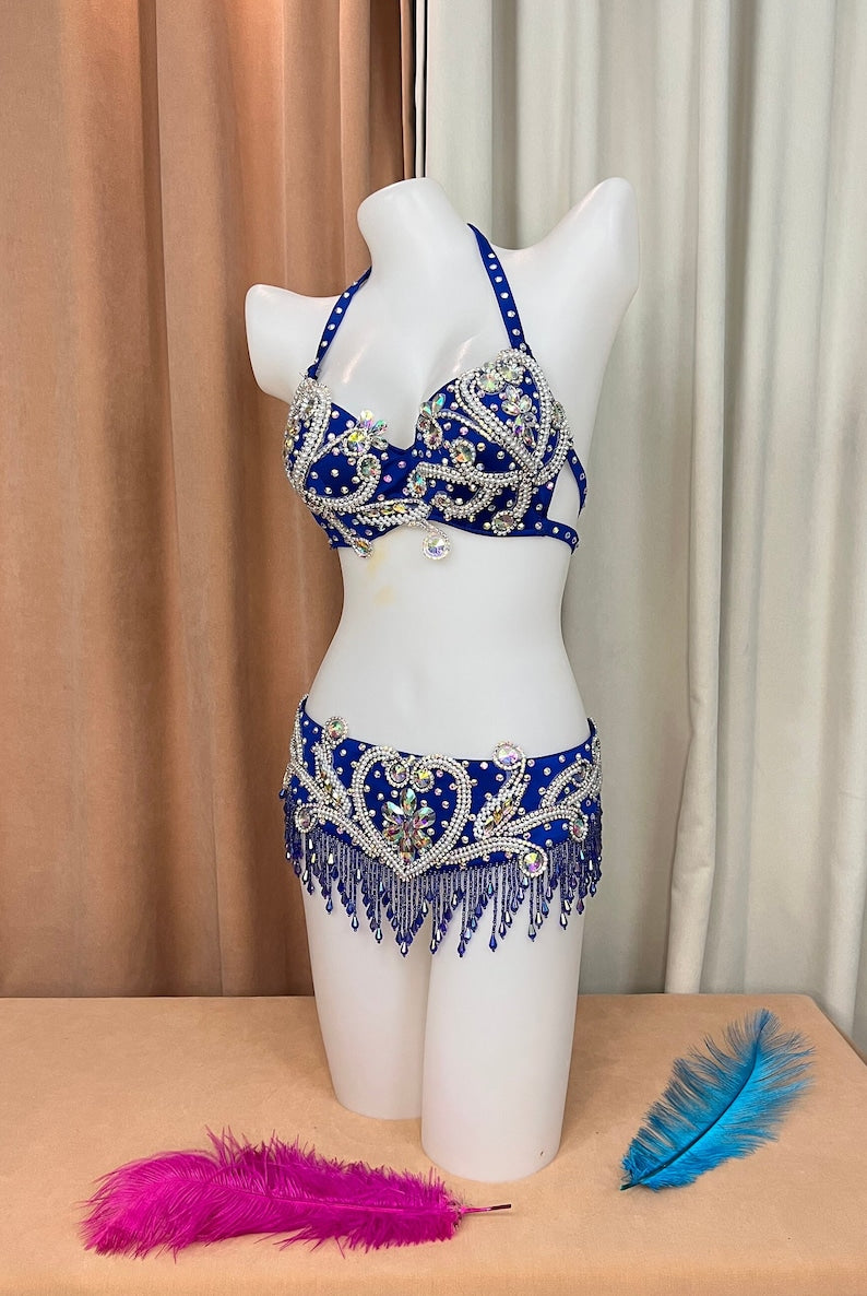 Belly Dance Costume Womens Black Sequin Beaded Rhinestone Bra and Belt Set, Halter Neck, Fringe Trim