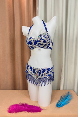 Belly Dance Costume Womens Black Sequin Beaded Rhinestone Bra and Belt Set, Halter Neck, Fringe Trim