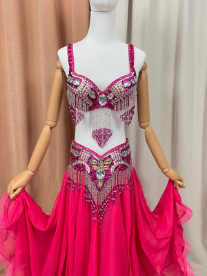 Belly Dance Costume Women Hot Pink Sequin Beaded Bra and Skirt Set Chiffon Flowy Skirt