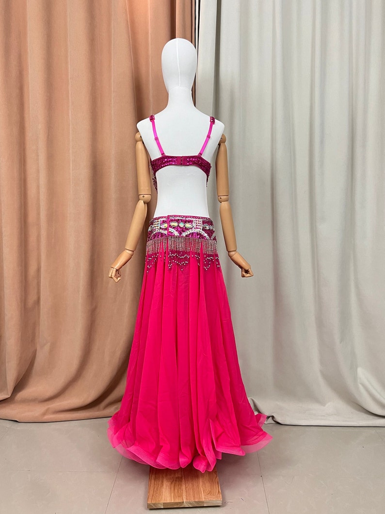 Belly Dance Costume Women Hot Pink Sequin Beaded Bra and Skirt Set Chiffon Flowy Skirt