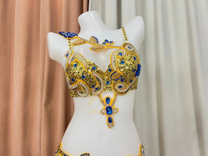 Women's Gold & Blue Sequin Embellished Fringe Belly Dance Costume Set