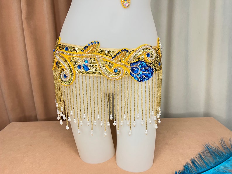 Women's Gold & Blue Sequin Embellished Fringe Belly Dance Costume Set