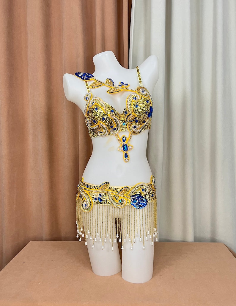 Women's Gold & Blue Sequin Embellished Fringe Belly Dance Costume Set