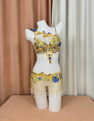 Women's Gold & Blue Sequin Embellished Fringe Belly Dance Costume Set