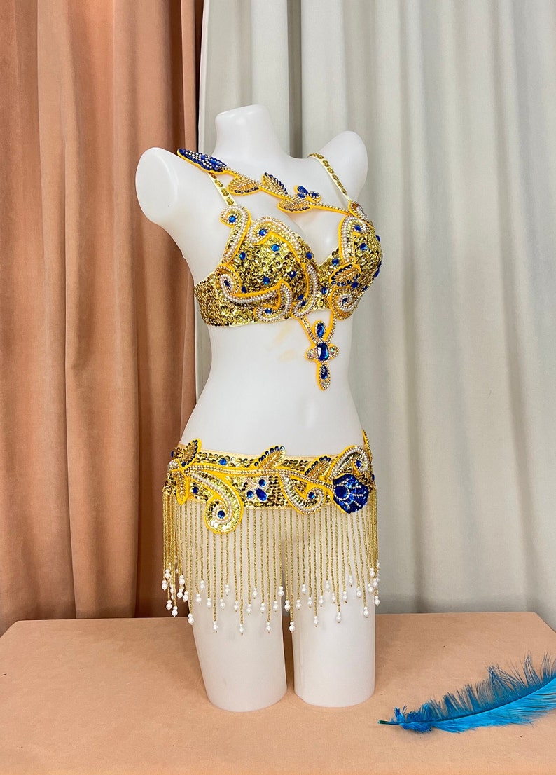 Women's Gold & Blue Sequin Embellished Fringe Belly Dance Costume Set