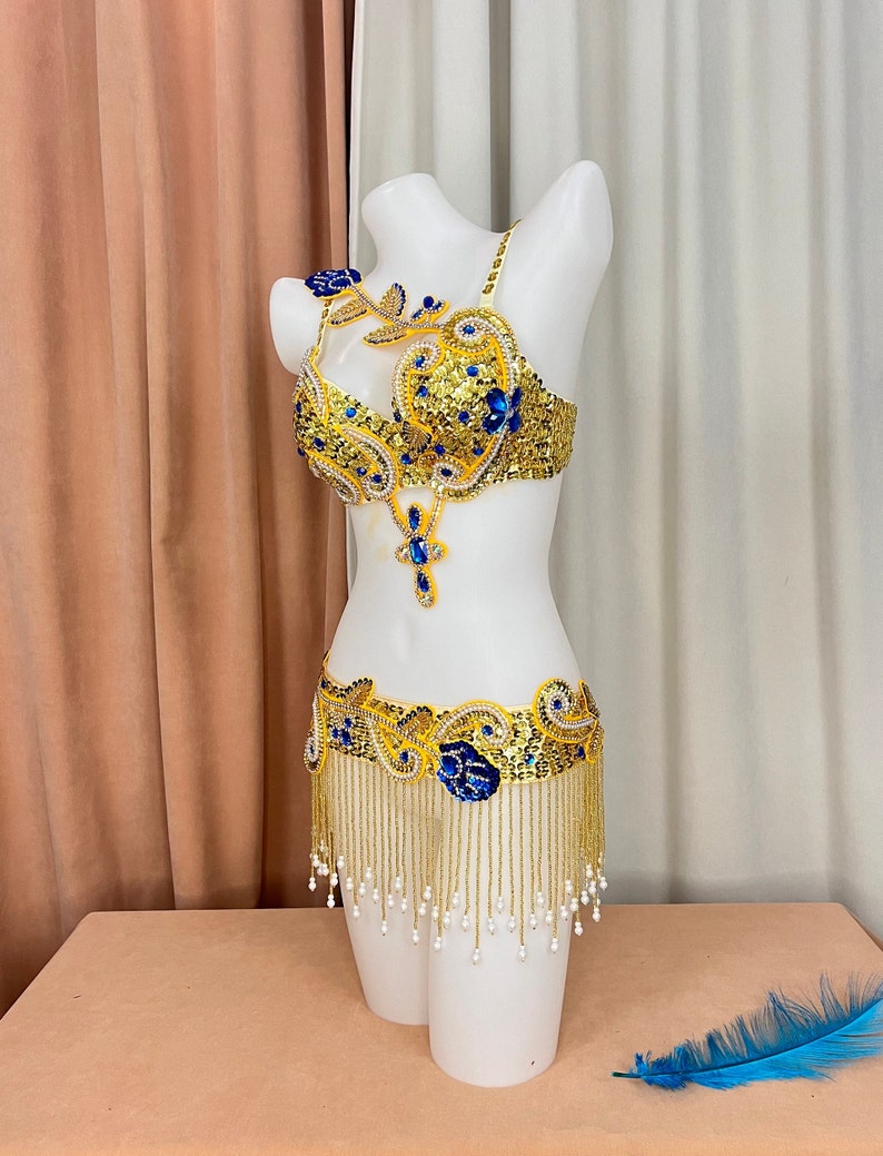 Women's Gold & Blue Sequin Embellished Fringe Belly Dance Costume Set