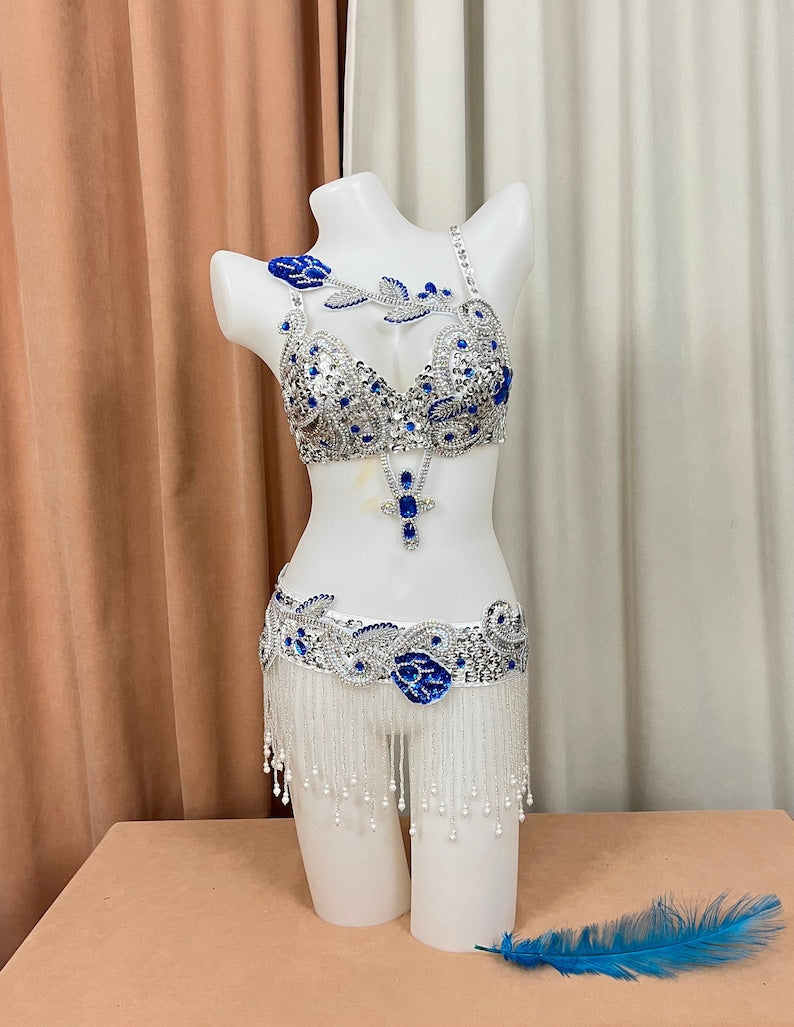 Belly Dance Costume Women's Blue & Silver Sequin Beaded Bra & Hip Scarf Set with Fringe & Droplets, Professional Performance Wear