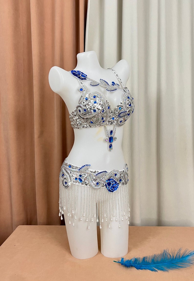 Belly Dance Costume Women's Blue & Silver Sequin Beaded Bra & Hip Scarf Set with Fringe & Droplets, Professional Performance Wear