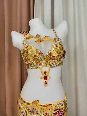 Women's Gold and Red Sequin Beaded Fringe Belly Dance Costume Set
