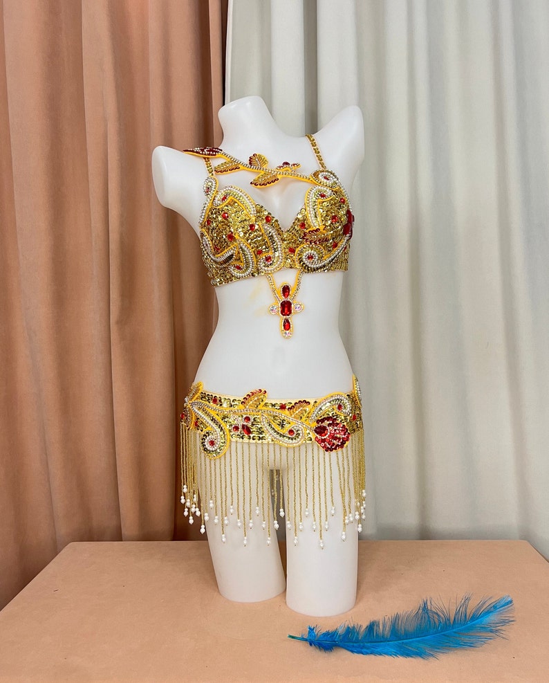 Women's Gold and Red Sequin Beaded Fringe Belly Dance Costume Set